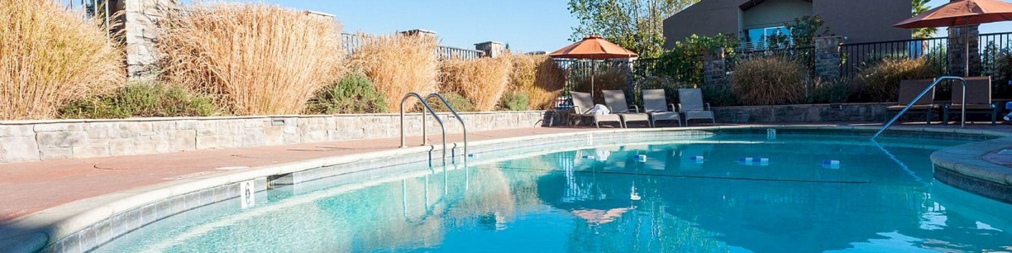 A serene outdoor swimming pool area with lounge chairs, umbrellas, and surrounding plants, under a clear blue sky.