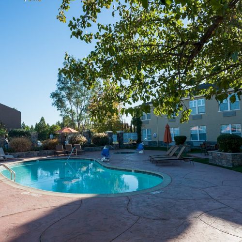 An outdoor pool area with lounge chairs, umbrellas, surrounding greenery, and apartment buildings in the background on a sunny day.