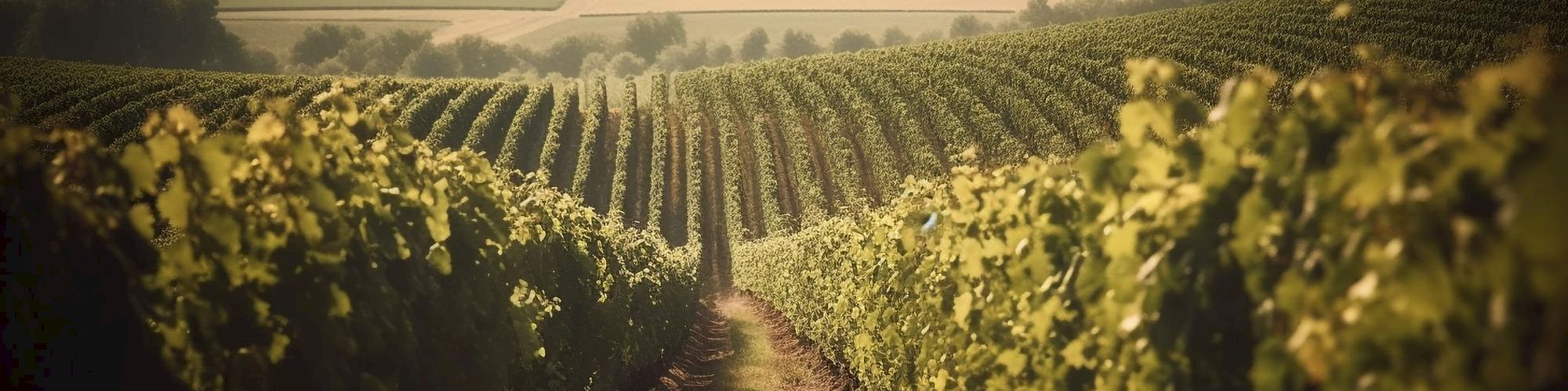 A scenic vineyard stretches into the distance, with rows of grapevines leading to a hazy horizon. The morning light bathes the landscape.