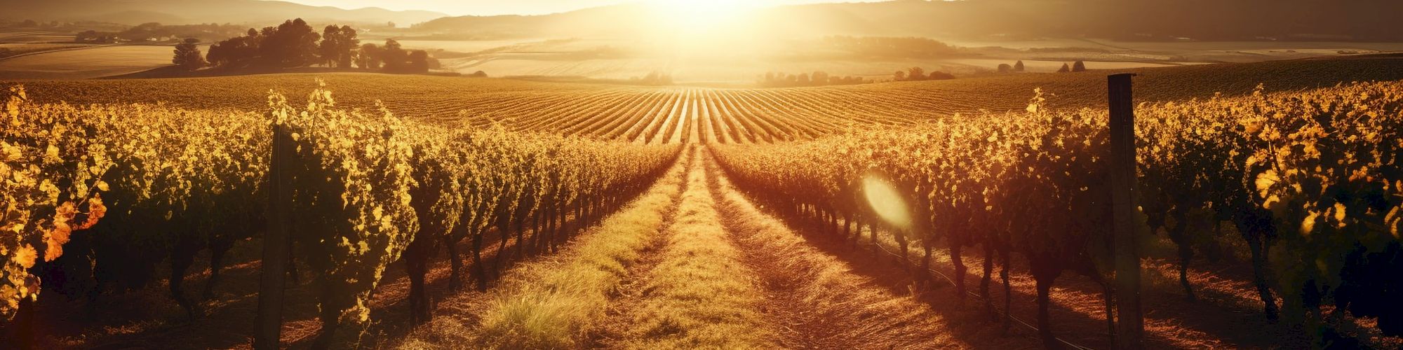 The image shows a beautiful vineyard at sunset, with rows of grapevines stretching towards the horizon and warm golden light illuminating the scenery.