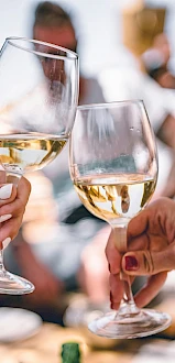 Two people clink glasses of white wine in a celebratory toast while others are in the blurred background, creating a festive atmosphere.